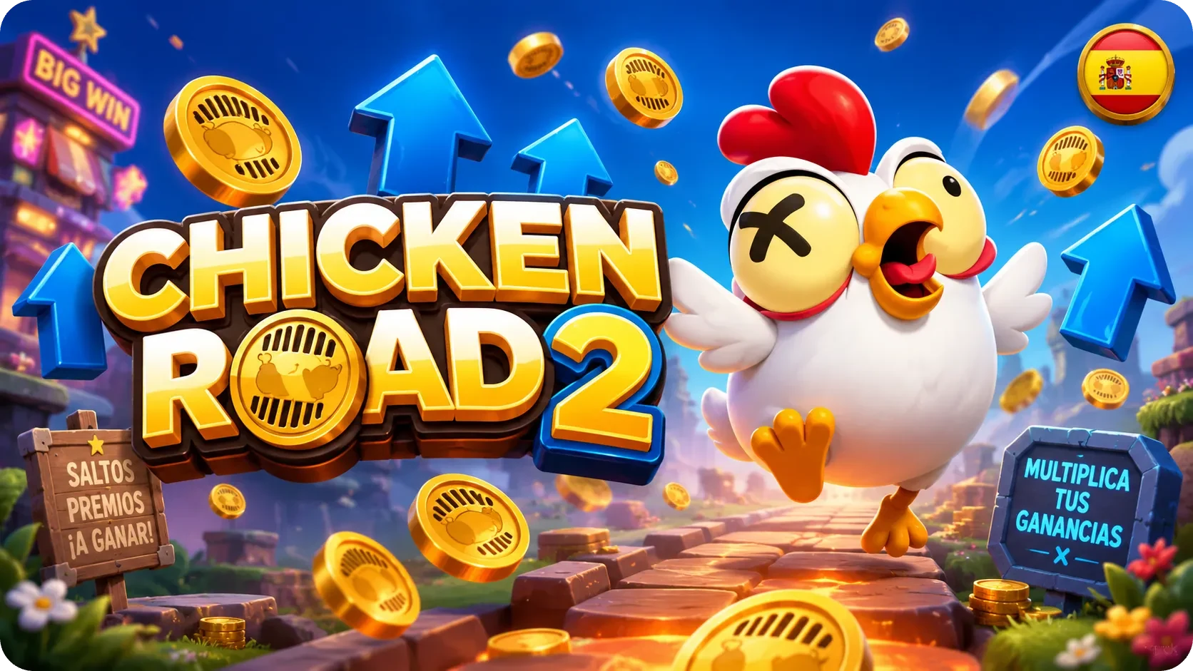Chicken Road 2 con flechas azules, monedas y elementos de casino online