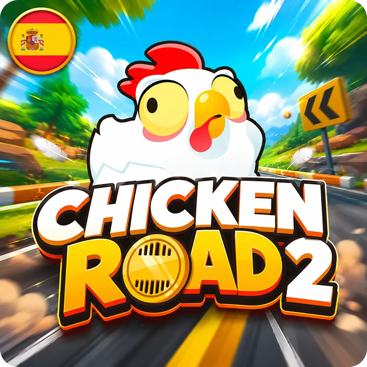 Logo de Chicken Road 2 con gallina en carretera y sello de España
