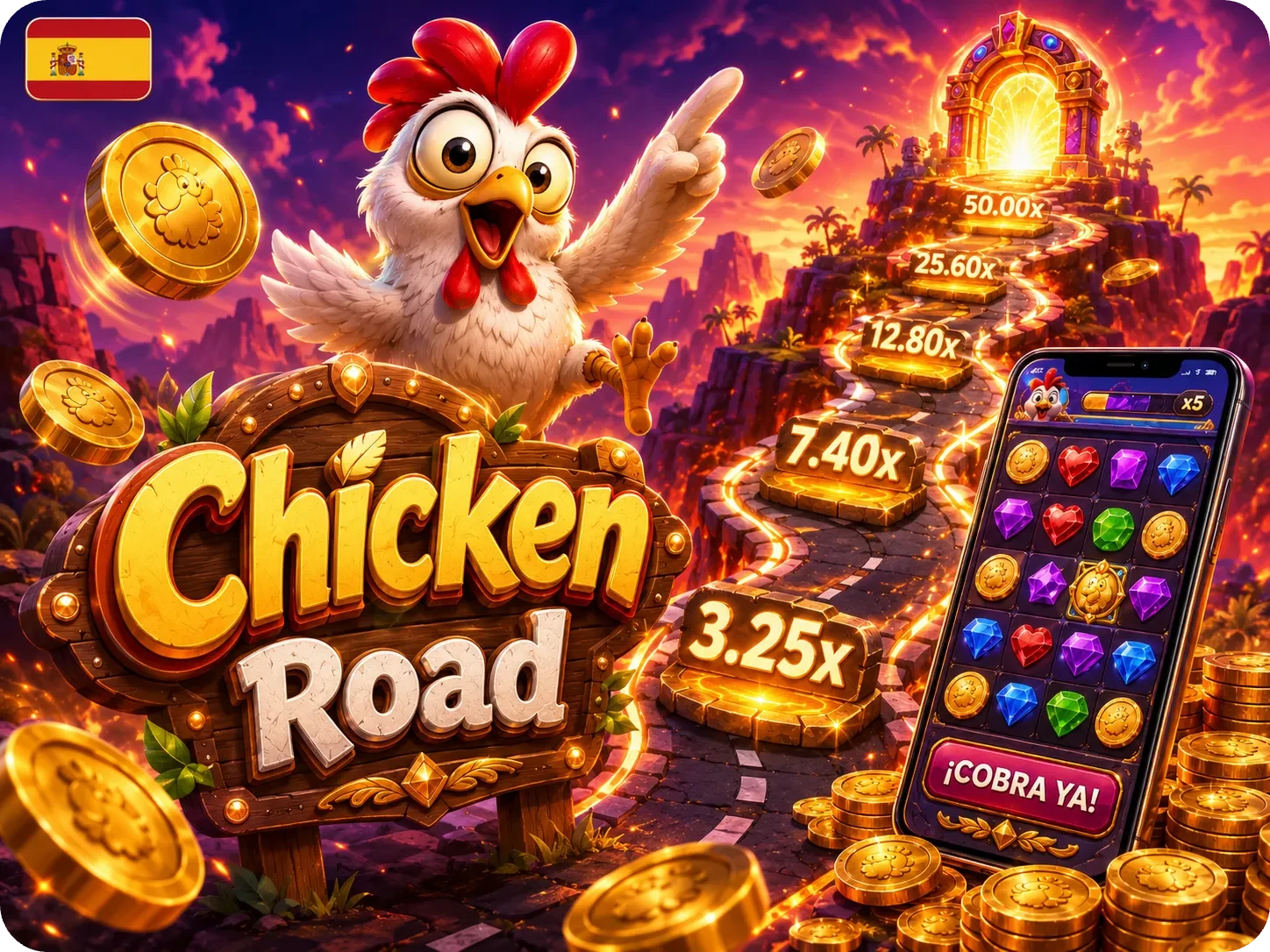 Chicken Road con móvil, monedas y bono para cobrar