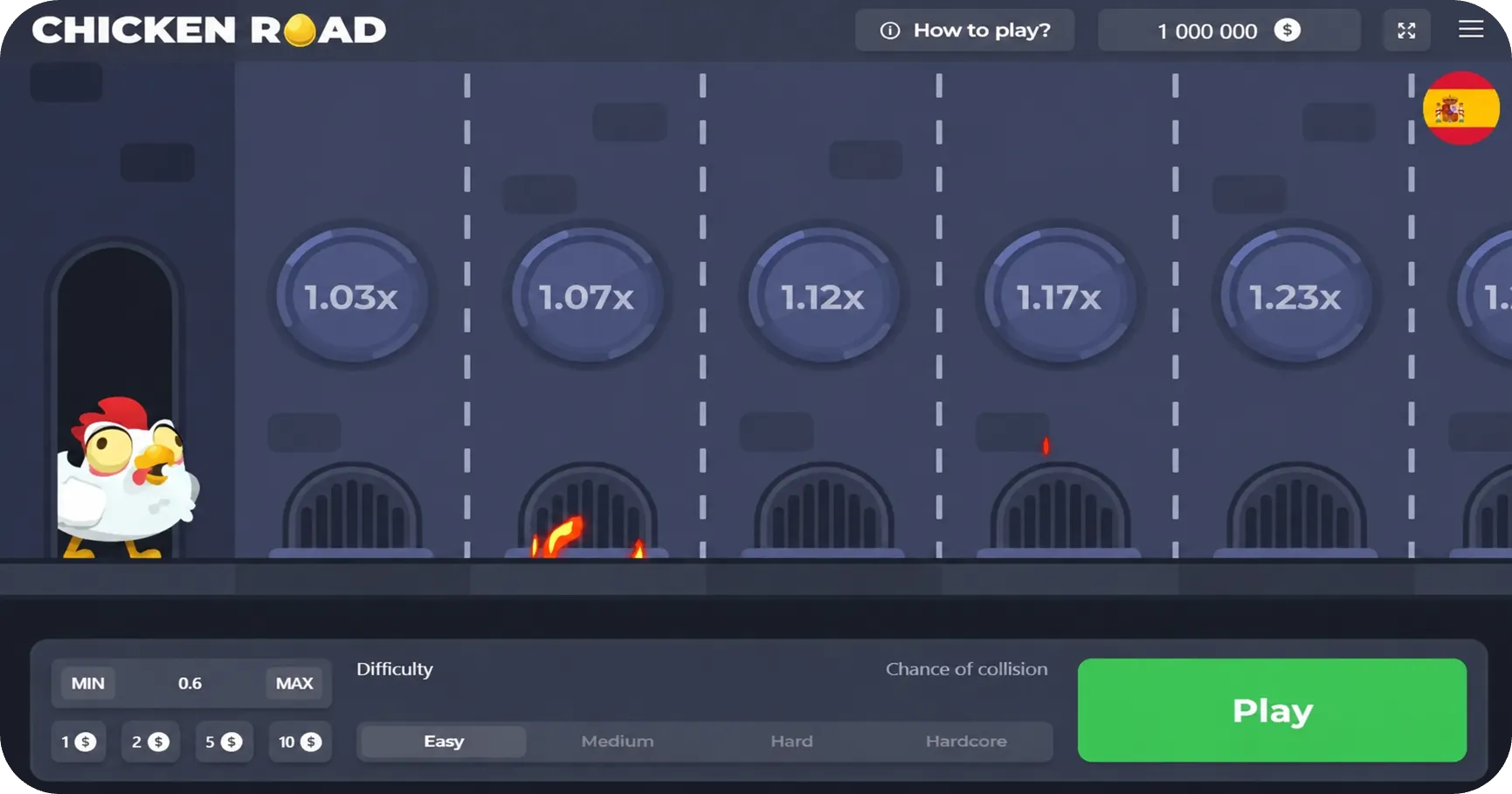 Pantalla demo de Chicken Road con multiplicadores, botón Play y bandera de España